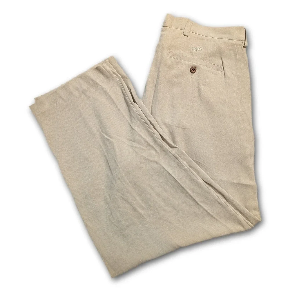 Roundtree & Yorke Caribbean Mens Pants Tan 34x29 100% Silk Herringbone Relaxed